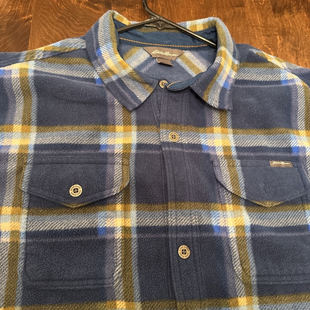 Eddie Bauer Mens XL Tall Fleece Shirt Blue Plaid Button Up Outdoor Flannel TXL